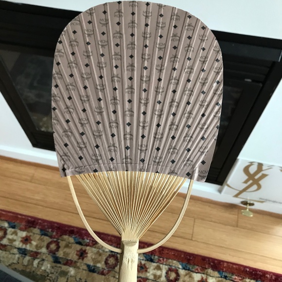 MCM Beige and Black Patterned Fan - Picture 1 of 5